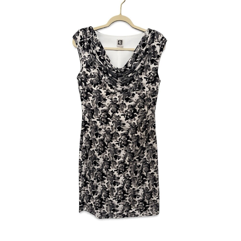Anne Klein Women's size 8 Black Gray White Floral V-Neck Sheath Ruched Dress